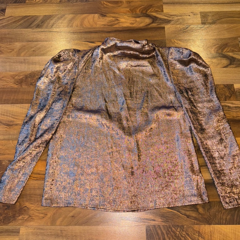 Future Collective Womens Metallic Mock Neck Puff Sleeve Top‎ M holiday dress